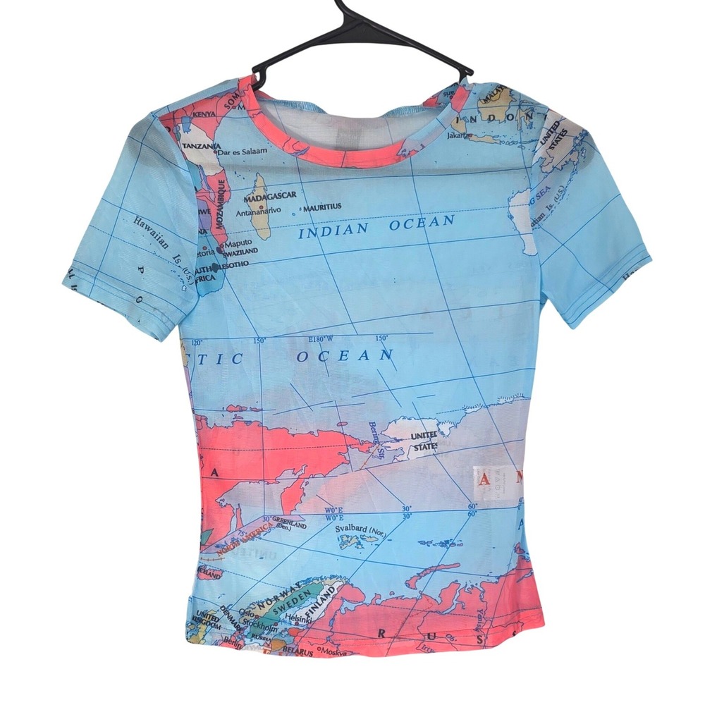 Mesh Map Print Short Sleeve T Shirt‎ Blue Pink World Geography Graphic Top